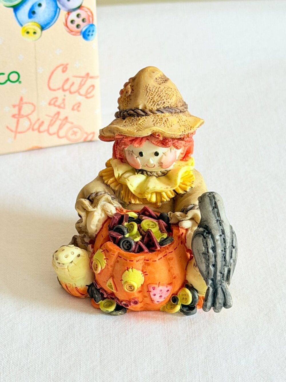 Vintage 1996 Enesco Cute as a Button Sew Scary Scarecrow Crow Figurine w/ Box